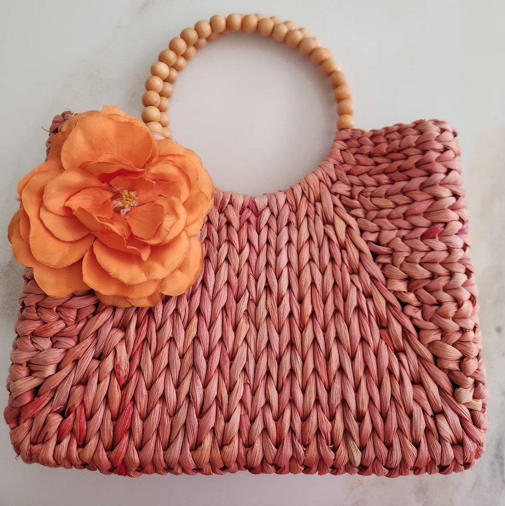 Orange Woven Summer Raffia Handbag with Gorgeous Orange Flower Accent - Picture 6 of 12